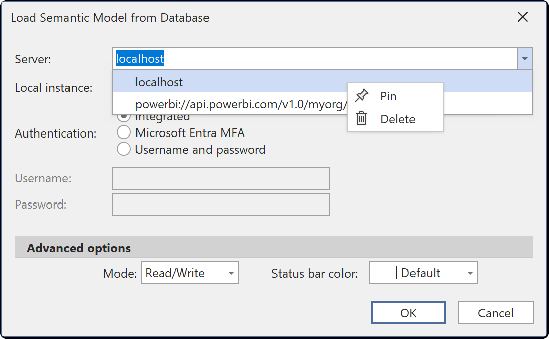 Open model from DB allows for pinning and deleting entries through its right click menu