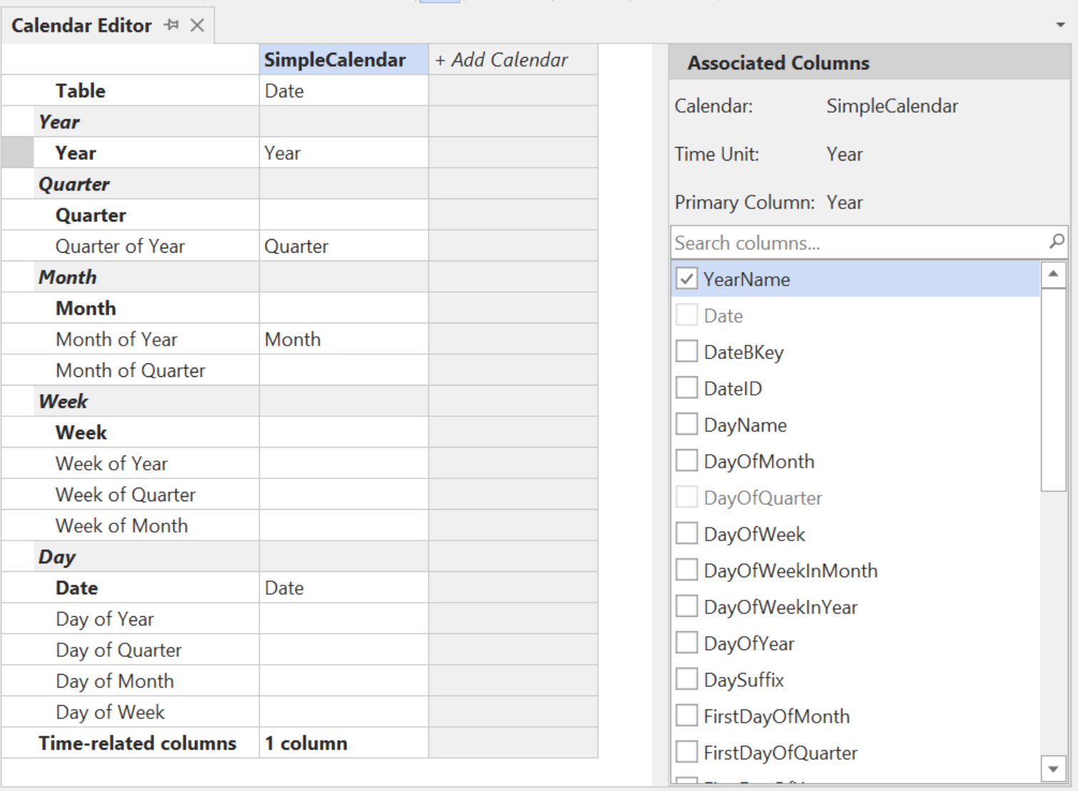 Calendar Editor layout showing the calendars grid and context panel